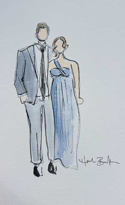 Live watercolor guest portrait of a newlywed couple