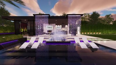 Luxury backyard design with modern jump pad, grotto, outdoor kitchen, and basketball court.