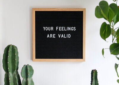 Picture of a sign with a quote saying "Your feelings are valid"
