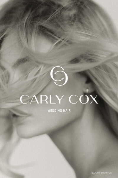 White monogram logo overlaid on close-up hair image for Carly Cox Bridal Hair