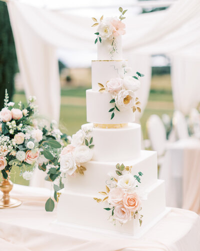 Luxury 6 tier white and blush wedding cake, Stapleford Park