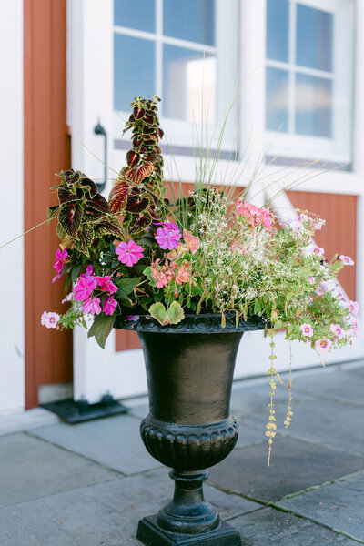black planter outside of red barn filled with summer flowers and greens