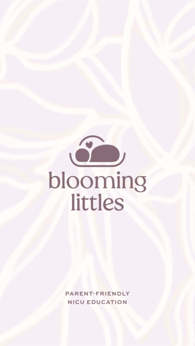Blooming Littles purple primary logo on a lavender floral texture background
