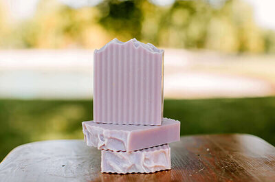 lavender peppermint scented bars of goat milk soap displayed on a table
