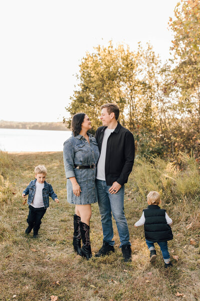family photos near lake