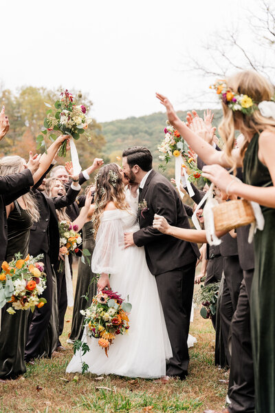 A newlywed couple kissing on their wedding day surrounded by their bridal party cheering them on