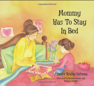Book cover, mom sitting in bed playing a game with young girl.