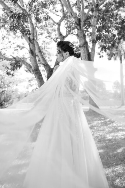 north queensland bride in wedding gown looking back at camera with veil blowing out - Townsville Wedding Photography by Jamie Simmons