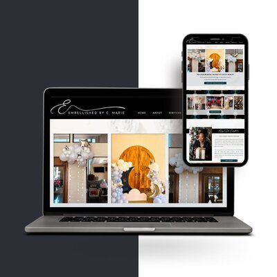 Laptop and phone mockup of website project called Embellished