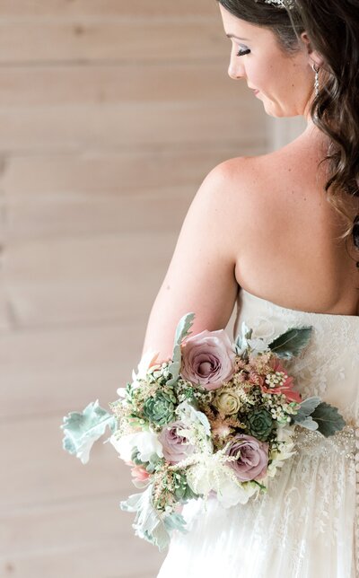 romantic floral wedding bouquet with dusty rose and greenery for a harrisburg pa wedding, designed by Kathy Monte, owner of Wild Dahlia