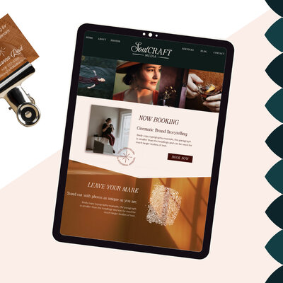 Tablet displaying SoulCRAFT MEDIA website with navigation bar and brand storytelling booking section