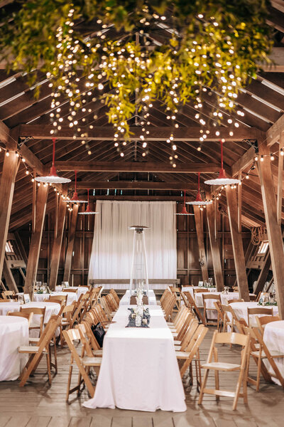 table and chairs lined up in a wooden room with green vines and lights hanging from the ceiling