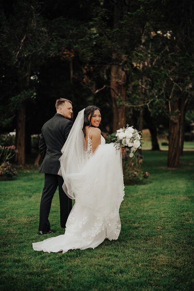 Long Island wedding couple walking away from camera