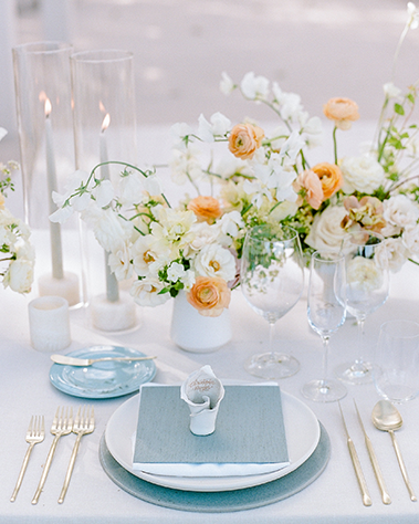 White and peach wedding tablescape