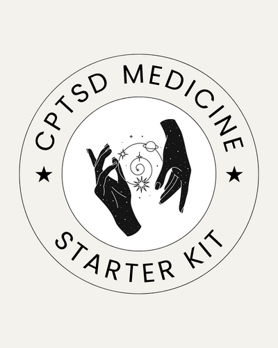 CPTSD Medicine Starter Kit logo featuring two illustrated hands creating a star and orbit pattern in a circular seal