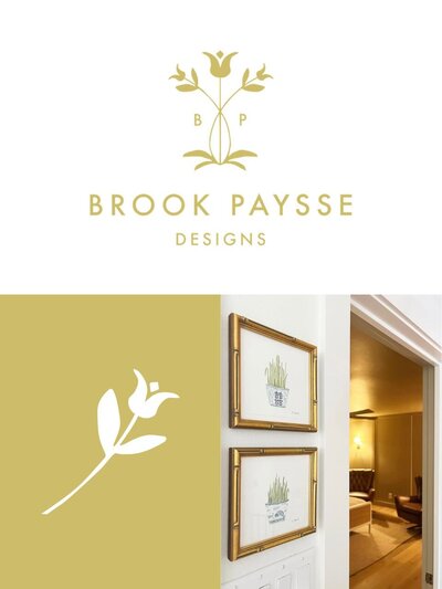 Alternate Brook Paysse Designs logo in chartreuse with BP monogram flanking a stylized tulip flower, accompanied by a floral submark and interior vignette that echoes the brand’s warm and collected style.