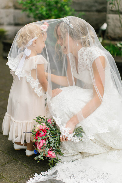 Bride and her flower girl underneath her veil smiling at each other