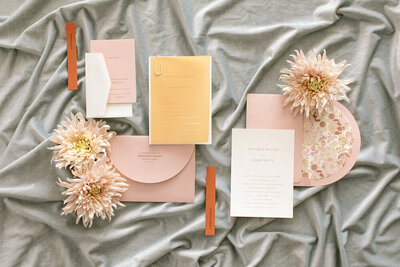 Mustard, pink and rust wedding invitations on the Bronte Bride Blog.