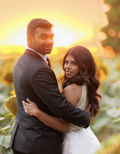 Bride and groom sunset photo