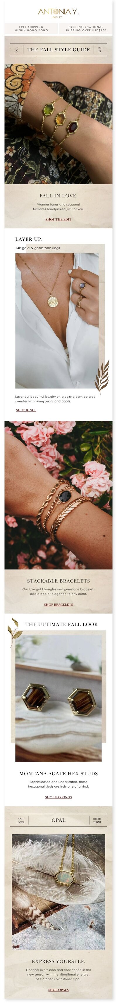Digital Graphic Designer in Hong Kong Kyra Janelle's email marketing design for e-commerce brand Antonia Y. Jewelry, featuring fashionable fall accessories in a visual style guide.