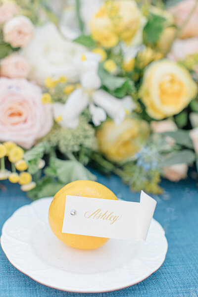 Close-up of a table place card on a lemon