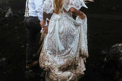 Dirty wedding dress of a bride who eloped in Iceland