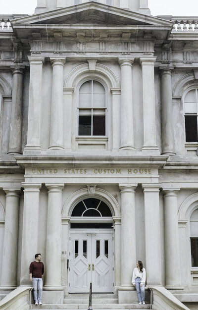 New England Photographer. Couple at the United States Custom House for engagement photos