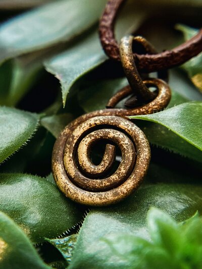 A spiral necklace on leaves.