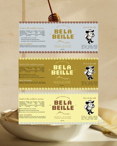 Logo, packaging, and brand identity for Belabeille that reflect bold, colorful southern-themed energy for women-led honey brands. Strategic design ensures retail visibility, brand recognition, and a memorable customer connection.

Belabeille’s honey branding, logo, and packaging combine cowgirl-inspired visuals with a cohesive strategic identity for food & beverage founders. Retail-ready packaging ensures standout shelf presence and enhances customer loyalty.