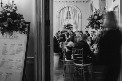 black and white wedding reception foyer