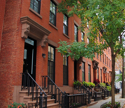 Tree-lined street with brownstone houses in Brooklyn, New York.