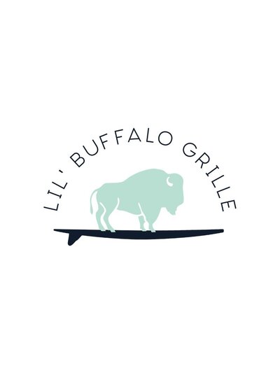 Cover image for Lil’ Buffalo Grille gallery featuring a mint green buffalo standing on a navy surfboard beneath an arched wordmark in clean serif font. A playful, coastal-inspired logo representing the restaurant’s relaxed island vibe.