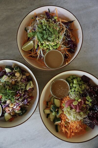 Colorful health food bowls from Marisol Juice Bar in San Pancho, featuring nutrient-rich salads and smoothie bowls made with fresh, wholesome ingredients for clean, energizing meals.