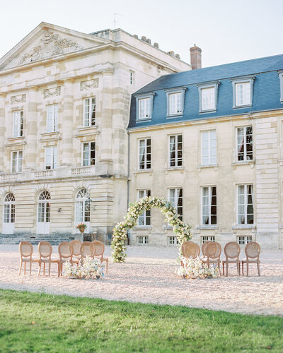 Floral Ceremony Setup at French Chateau Destination Wedding