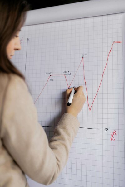 A businesswoman standing at a whiteboard, drawing a red line graph with annotations, symbolizing financial or performance growth.