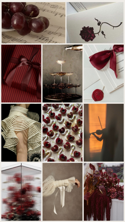 Mood and Muse wedding mood board with dramatic lighting, velvet textures, deep tones, and cinematic, editorial-inspired details.