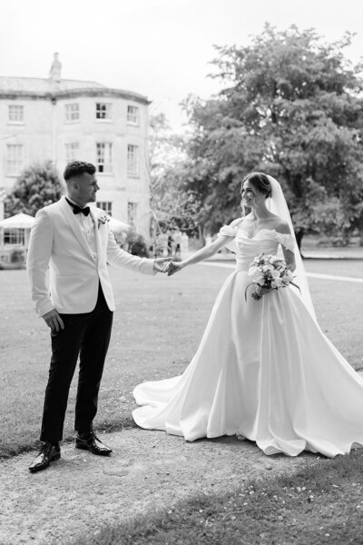 Bride and groom walk up memorial steps at their DC wedding