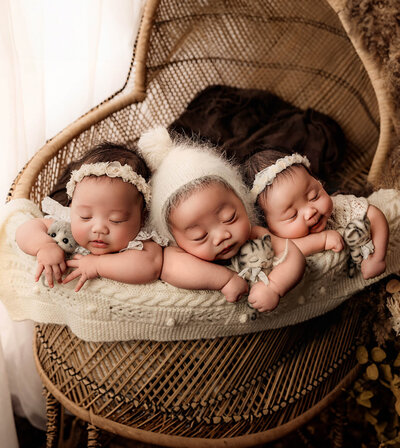 newborn triplets sleeping upright in a macrame bassinet at their Hamilton, ON studio session.