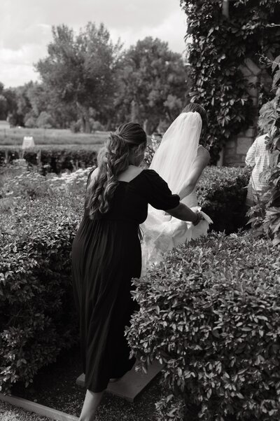 Bride and groom walk up memorial steps at their DC wedding