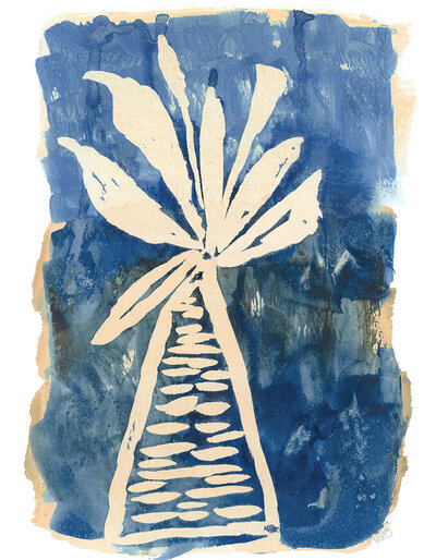 Navy Blue abstract watercolor  with a primitive  vase and tropical leaves