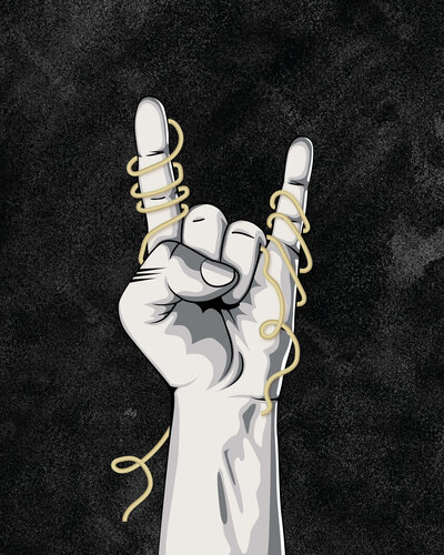A street-side banner for Pasta Buoy, featuring the brand's logo of a hand making a playful rock-and-roll gesture with intertwined pasta. The banner is black with white and gold accents, boldly displaying the text "Handmade Daily" and the restaurant’s name. The stylish and edgy design reflects the fun and creative vibe of the pasta brand, while the banner hangs prominently on the exterior of a modern building.