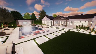 Backyard design with sunken kitchen, pool, and fireplace with lounge.