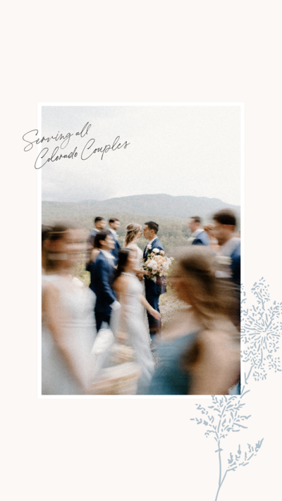 Blurred image of wedding party on a cream background with White Pine Designs floral icon in the corner