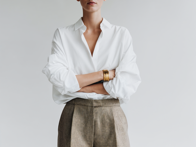 Confident branding portrait with gold cuff and linen trousers, used in client testimonial.