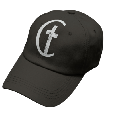 mockup of hat with white logo letters C and T