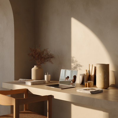 minimal desk with light shining in on showit website design