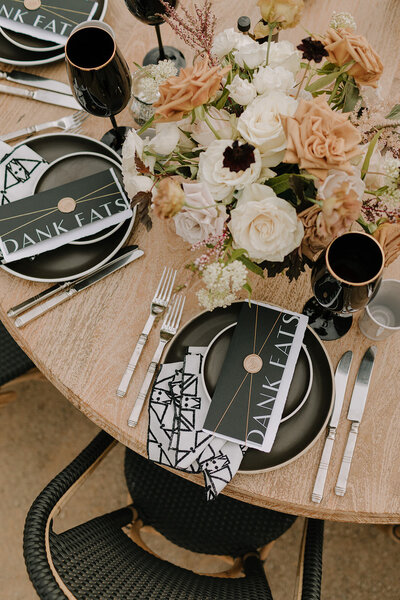 Black and gold moody wedding tablescape at Greengate Ranch Vineyards in San Luis Obispo