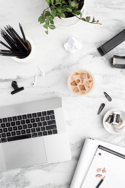 black and white office desk