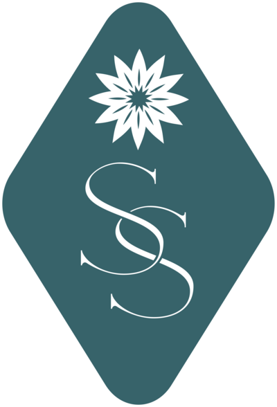 A rounded diamond shape in deep blue with two S's intertwinned with a star shape above