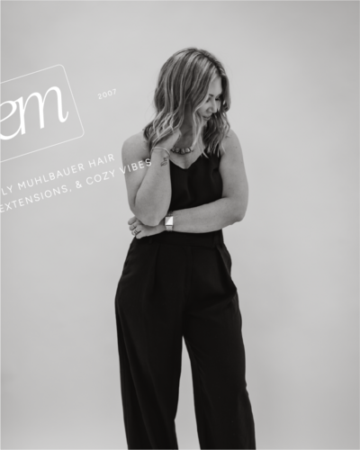 Emily Muhlbauer in her quiet, sunlit hair styling studio
